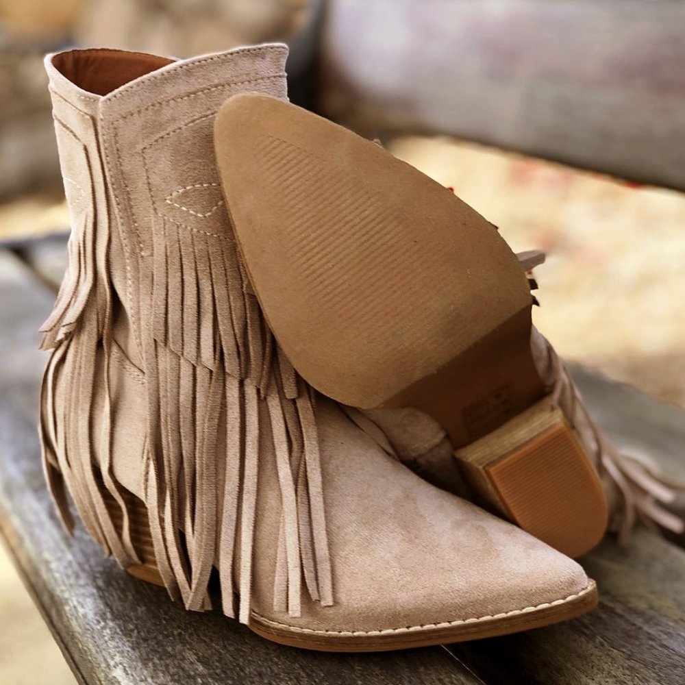NEW Fringe Tassel Faux Suede Pointy Toe Block Heel Western Booties Boots Taupe - Picture 5 of 14